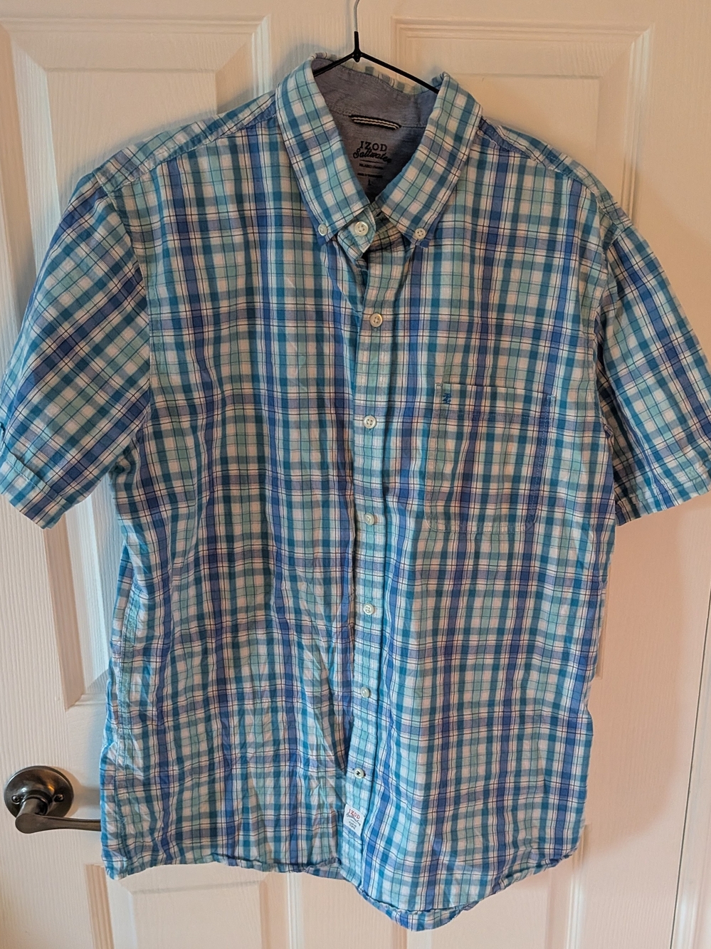 Izod Blue and White Plaid Short-Sleeve Button-Down Shirt